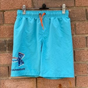 Under Armour Turquoise Swim Trunks with Orange Drawstring Size Large